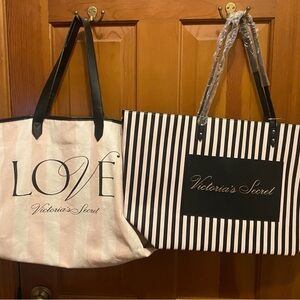 Victoria's Secret Love and Striped Tote Set - Pink and Black